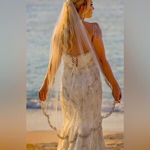 Vintage hand stitched, with jewels, long wedding veil, designer Enaura